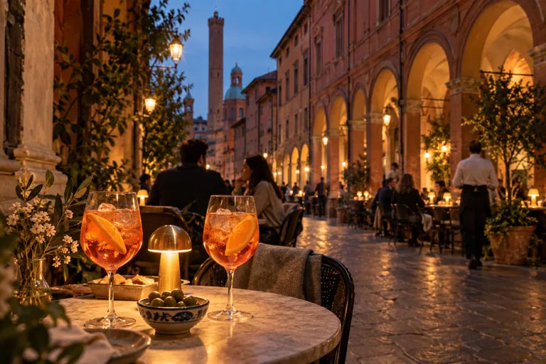 Citrus drinks and olives on a café table beside warmly lit porticoes at dusk; editorial illustration.