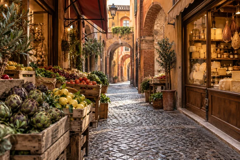 Produce crates and a cheese-shop window in a warm ochre market lane; editorial illustration.