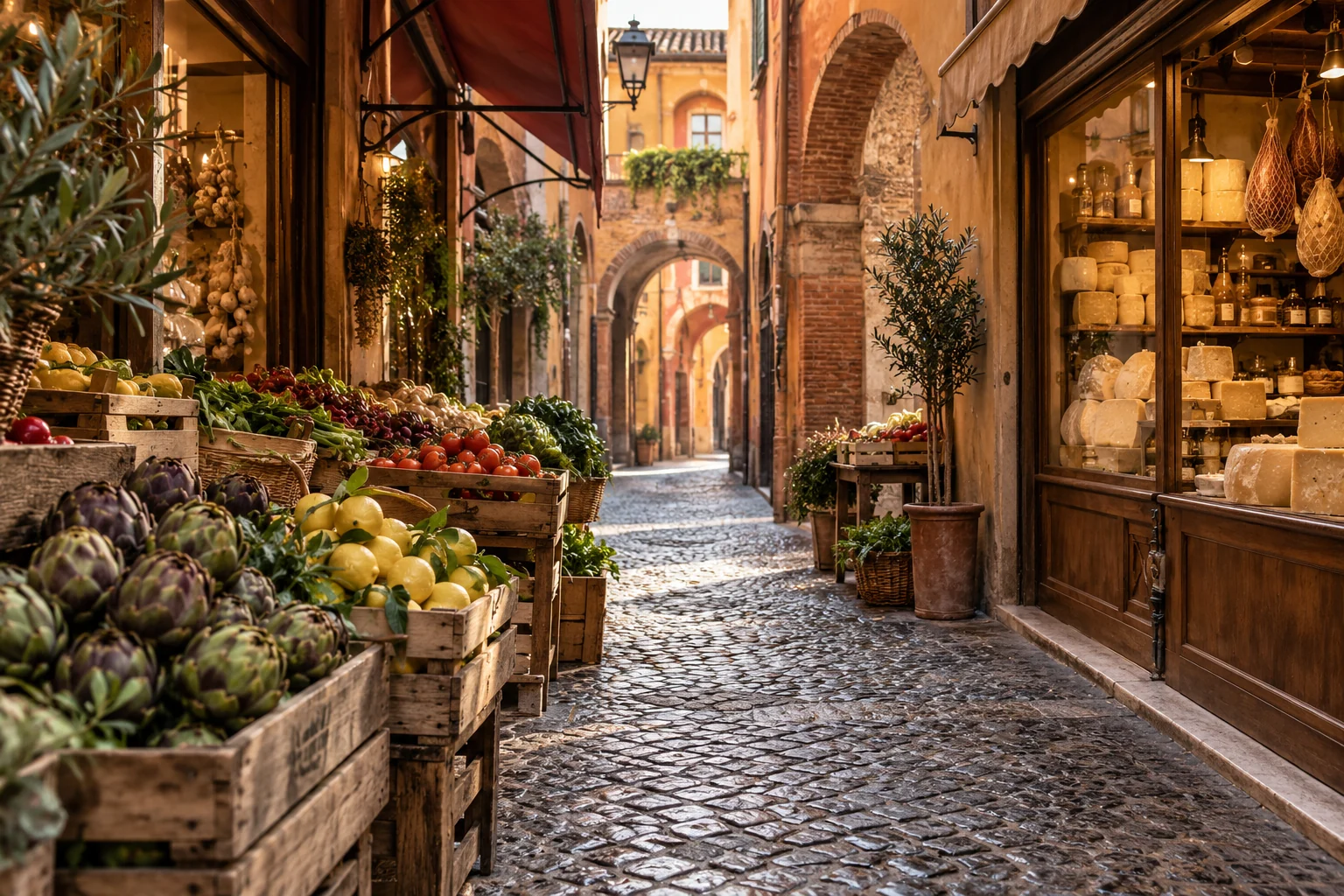 Produce crates and a cheese-shop window in a warm ochre market lane; editorial illustration.