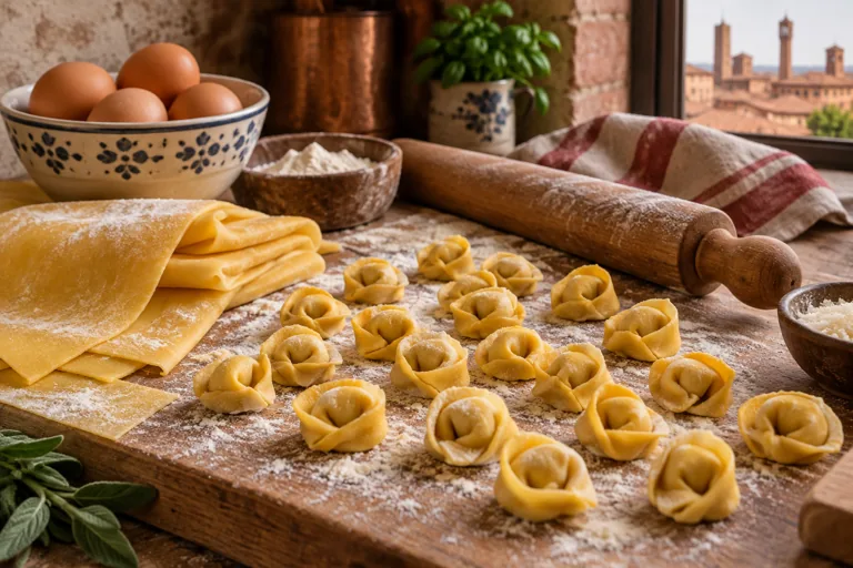 Hand-shaped tortellini, a rolling pin and fresh egg-pasta sheets on a floured board; editorial illustration.