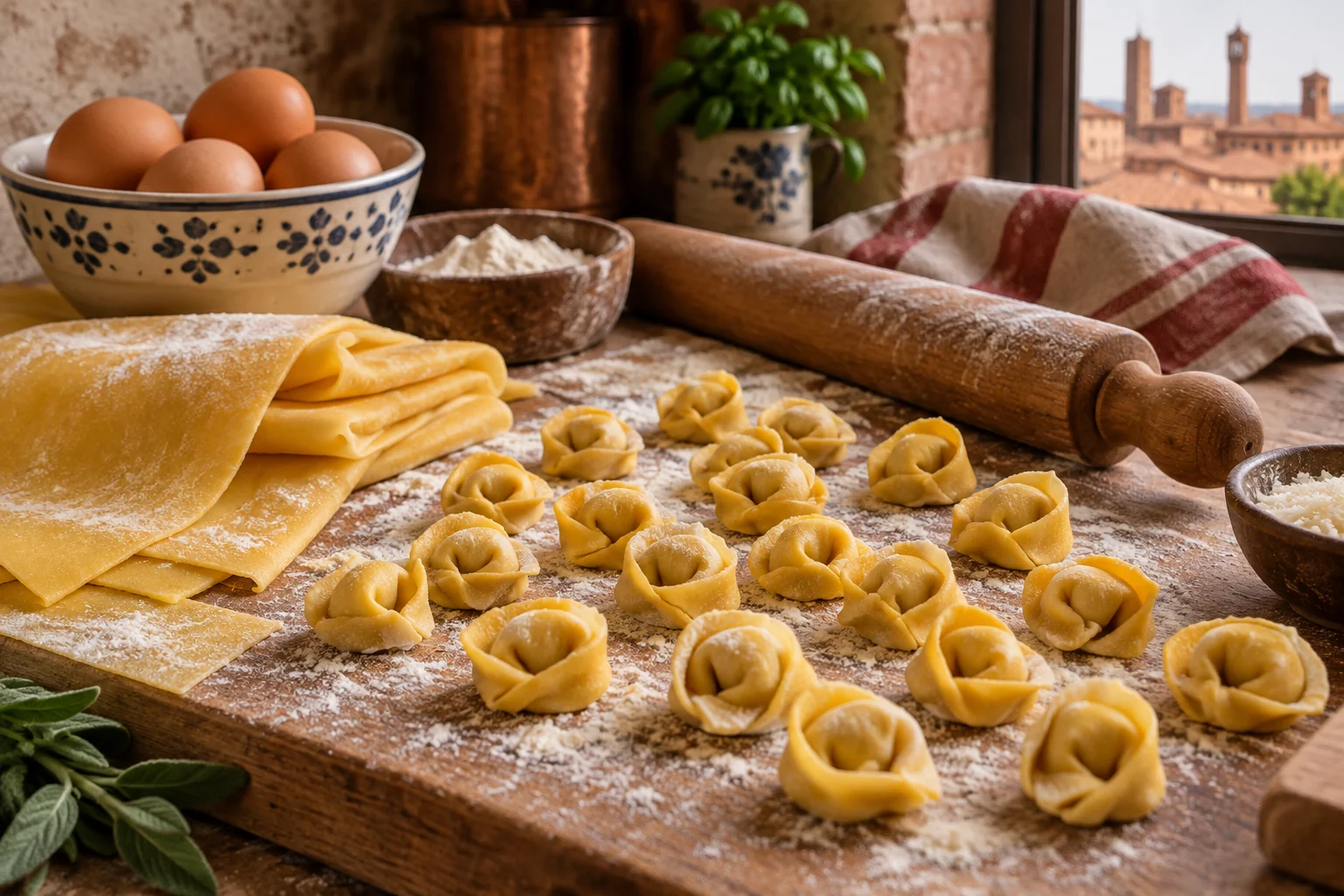 Hand-shaped tortellini, a rolling pin and fresh egg-pasta sheets on a floured board; editorial illustration.