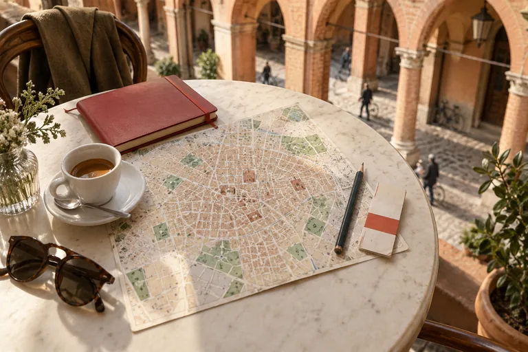 An espresso, city map, red notebook and pencil on a café table beside porticoes; editorial illustration.