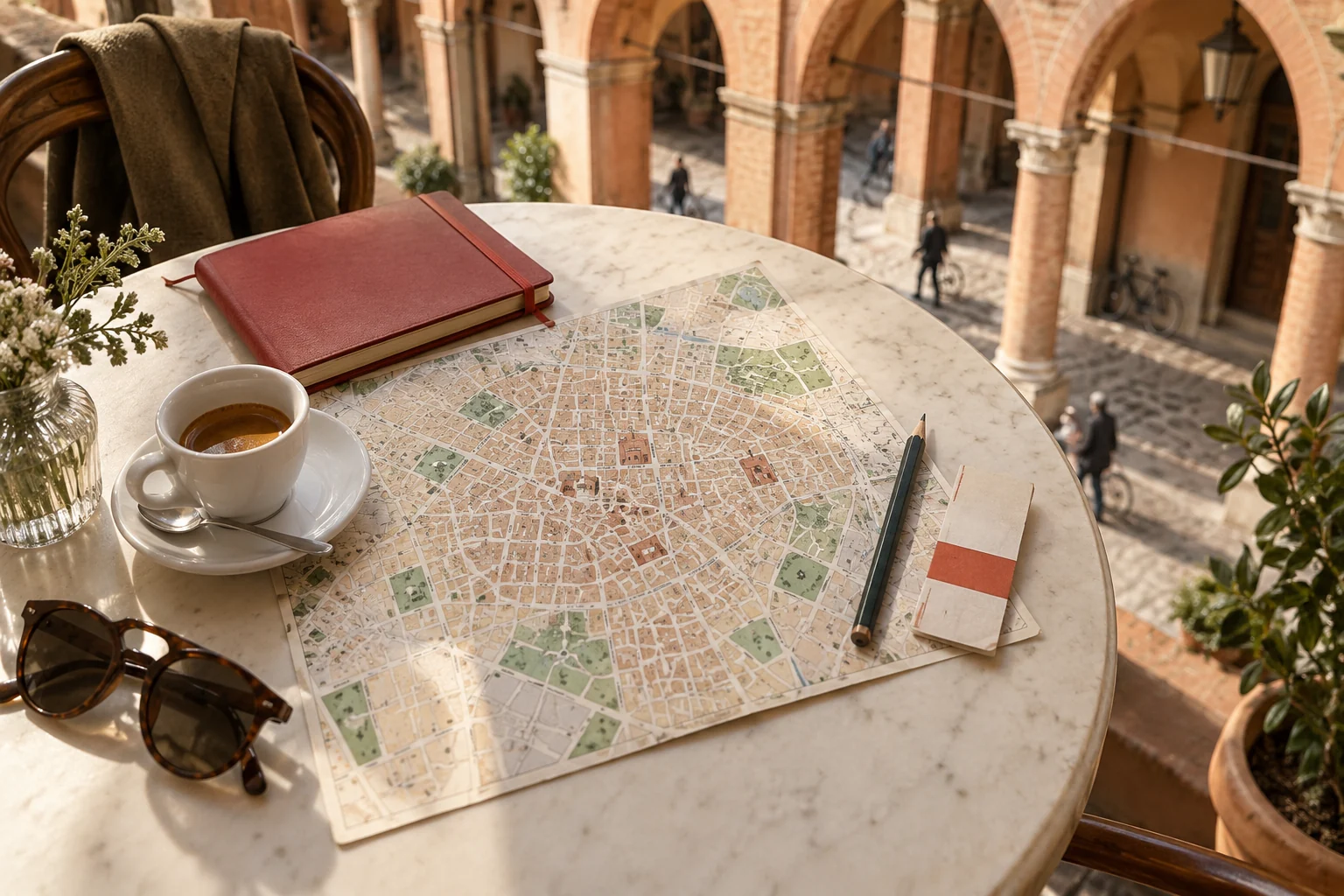 A map, espresso and notebook for planning a Bologna day