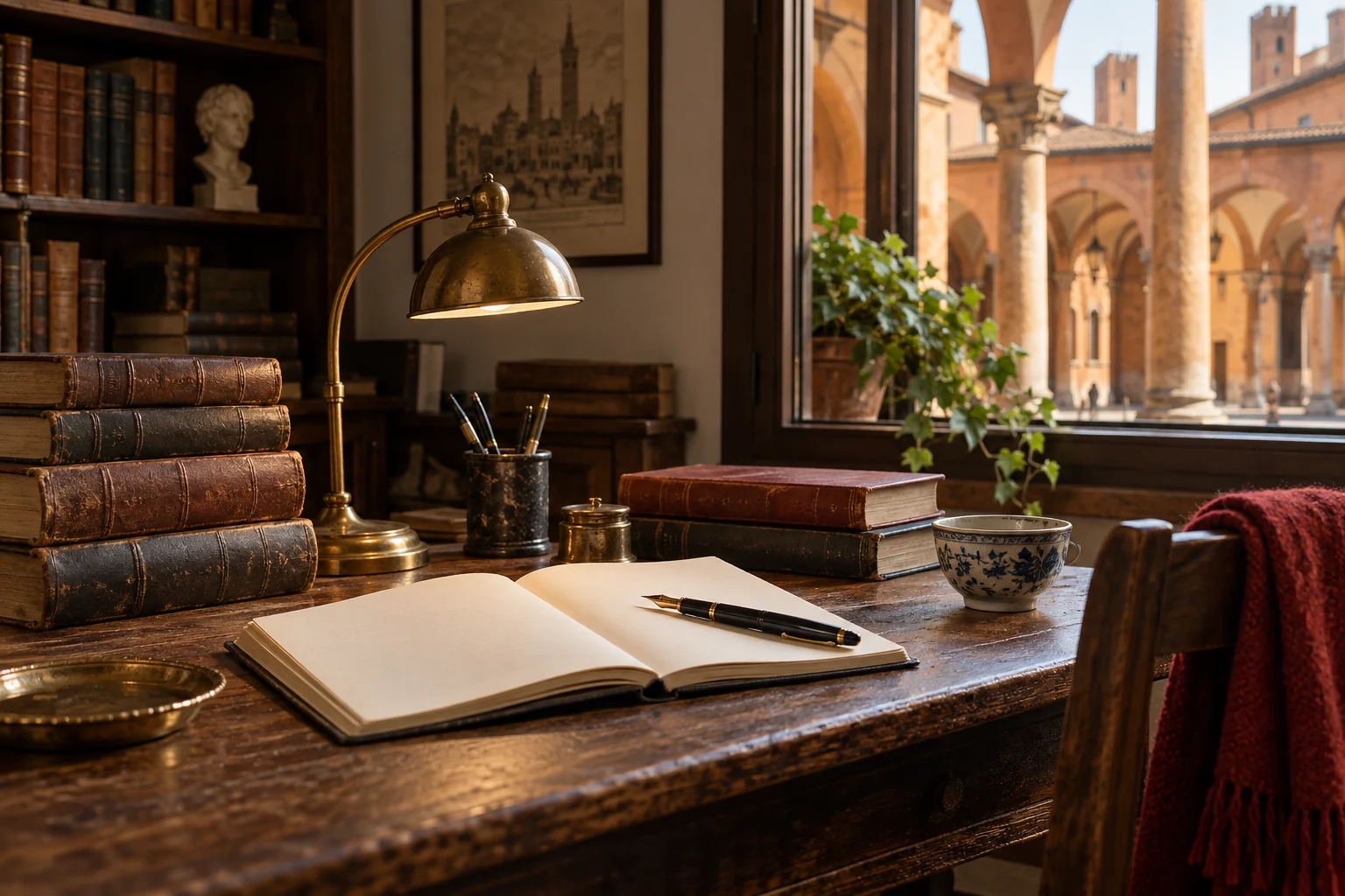 Old books, a brass lamp and an open notebook on a wooden desk overlooking porticoes; editorial illustration.