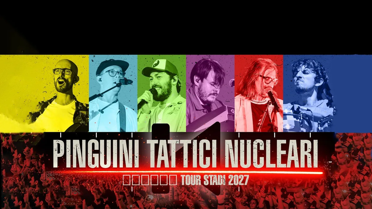 Promotional artwork for Pinguini Tattici Nucleari - Tour Stadi 2027