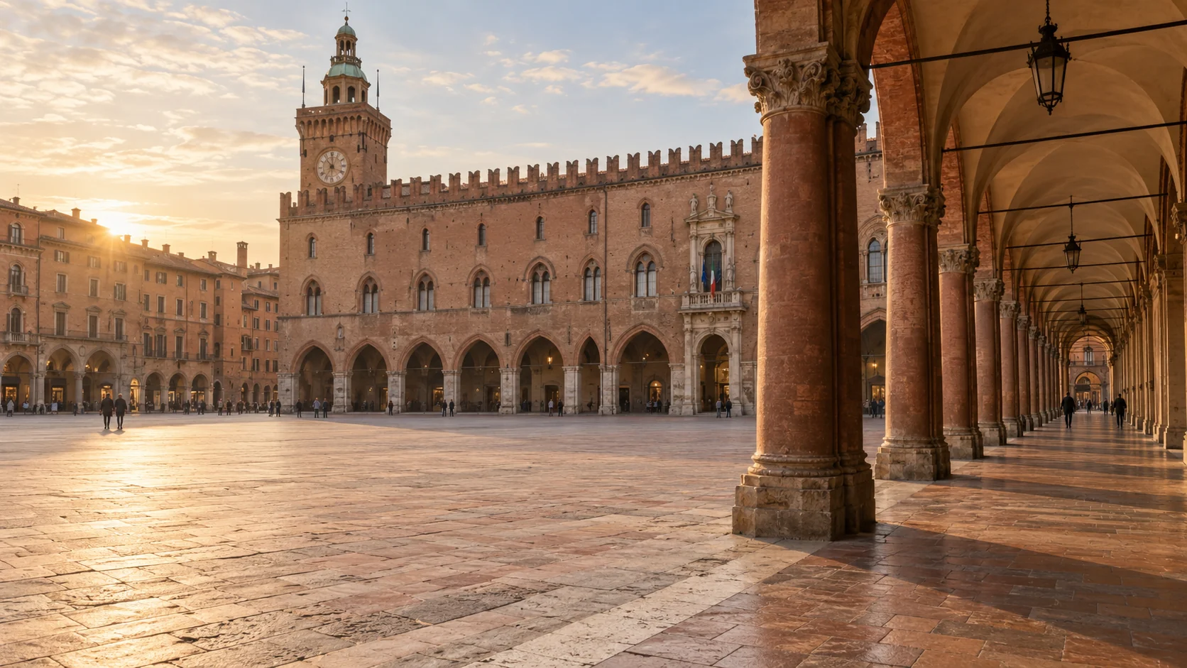 Editorial impression of a Bologna square and warm brick porticoes in morning light