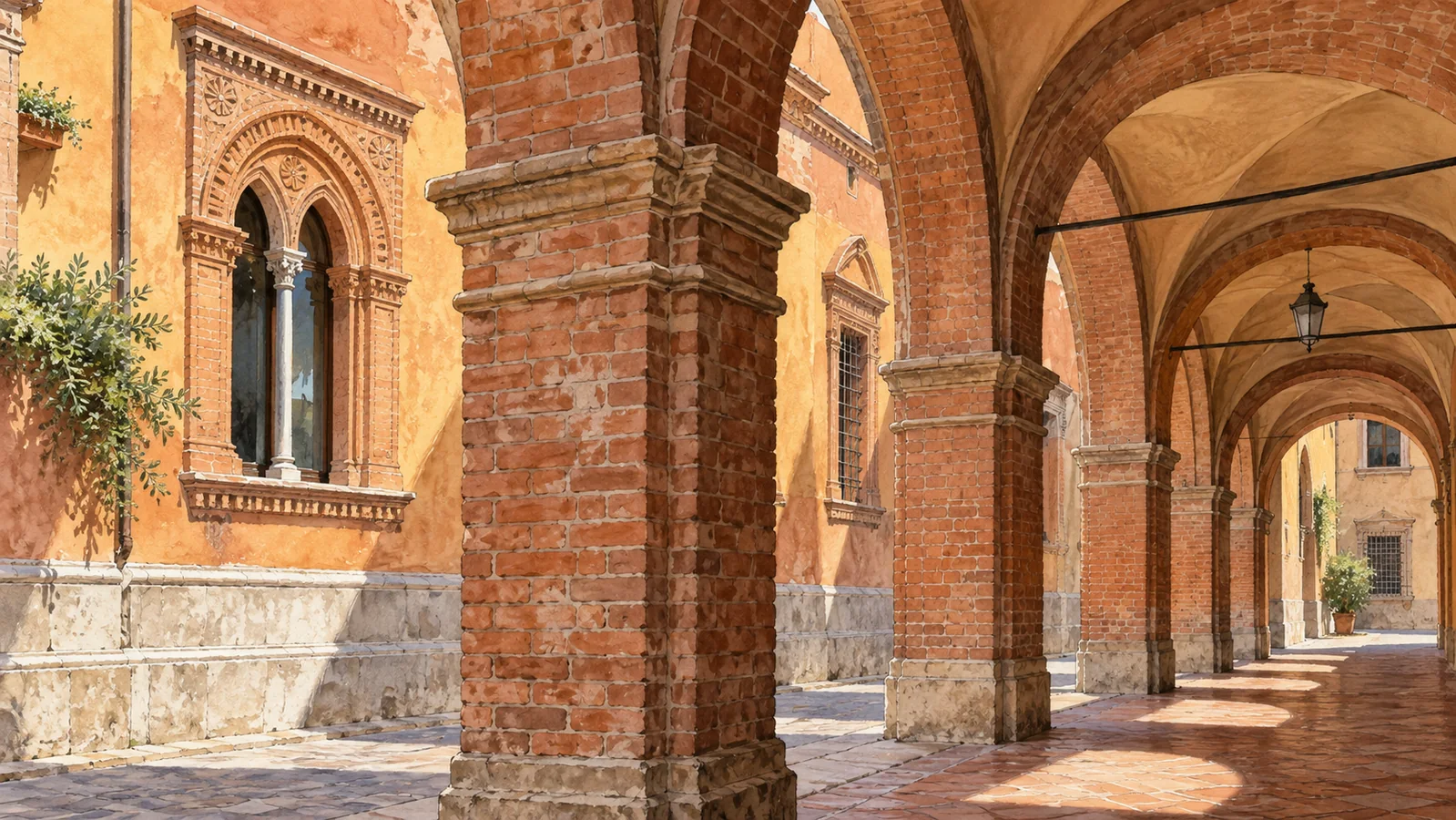 Brick arches and pillars beneath a Bologna-style portico, with terracotta window details, ochre plaster and pale stone bases; editorial illustration.