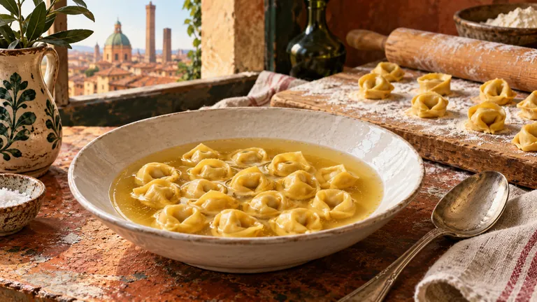 A white bowl of tortellini in golden broth beside a spoon, rolling pin and raw pasta on a flour-dusted board; editorial illustration.