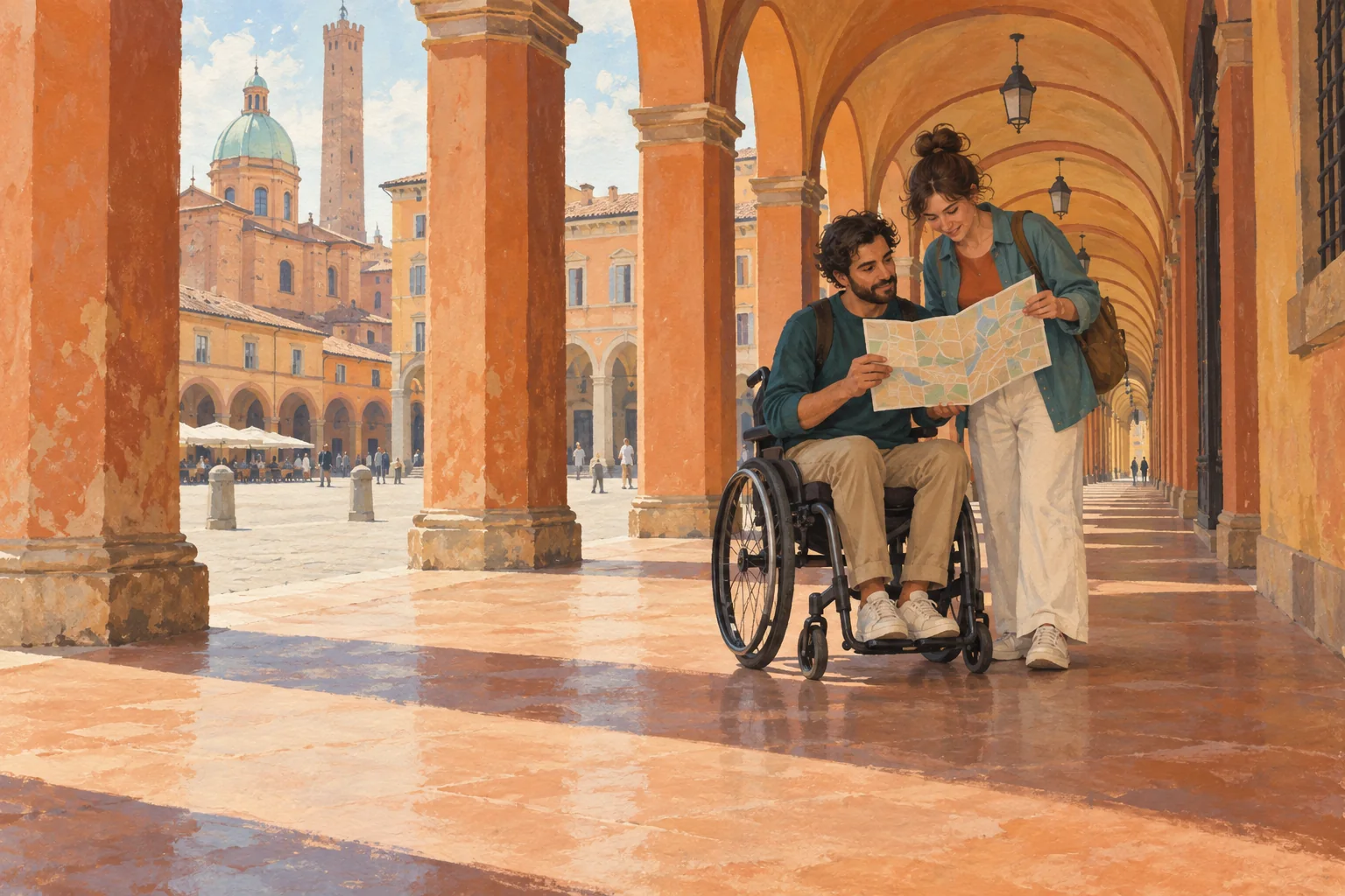 Conceptual illustration of two travelers, one using a wheelchair, consulting a map beneath Bologna-inspired porticoes.