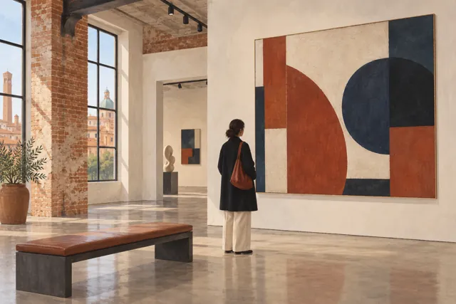 Conceptual illustration of a visitor studying an original abstract painting in an airy gallery with brick details and a wooden bench.