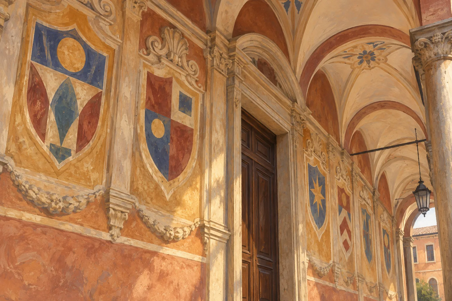 Interpretive illustration of abstract shield motifs decorating an old university arcade inspired by Bologna.