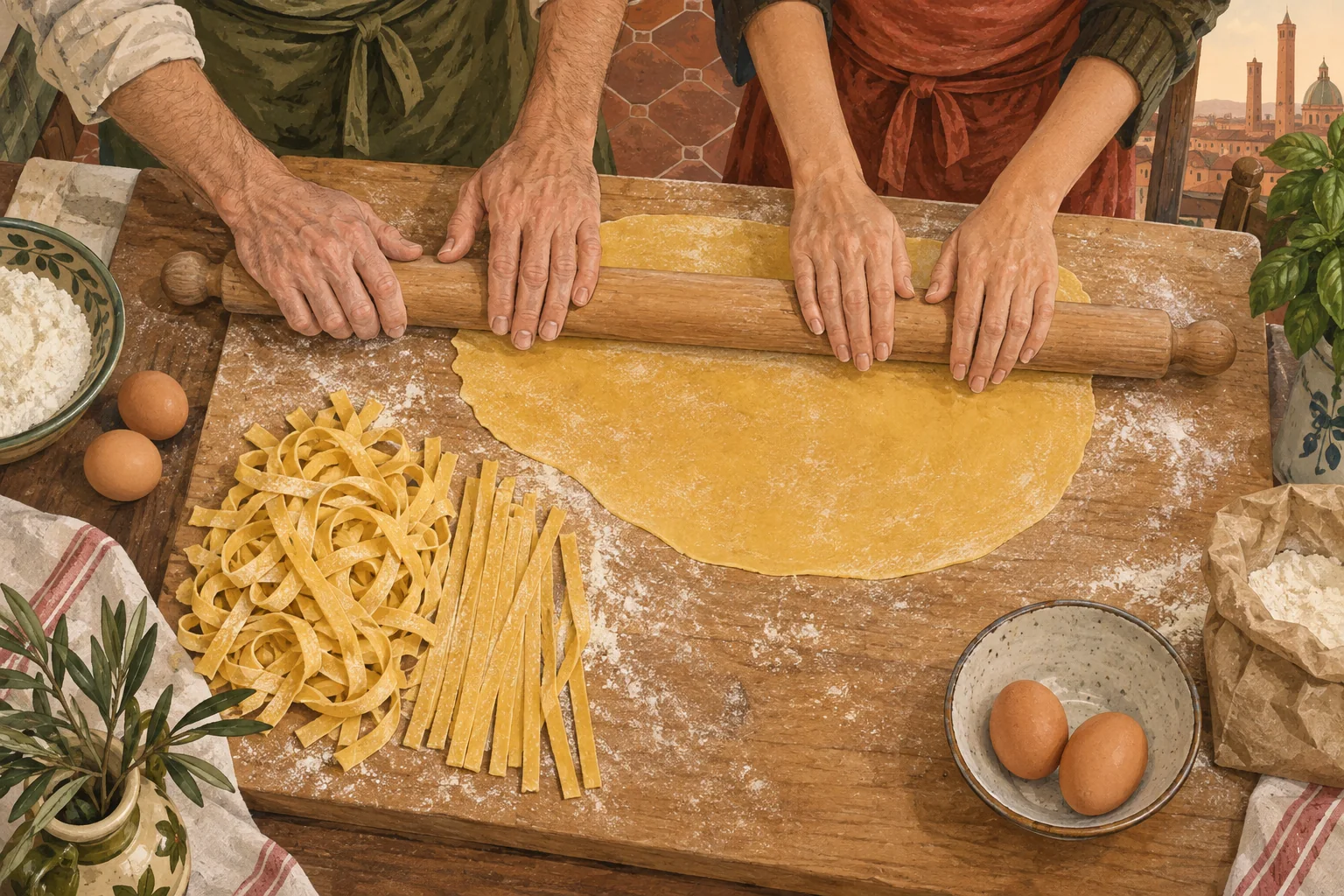 Illustration of two pairs of hands rolling golden pasta on a flour-dusted board beside ribbons and eggs.