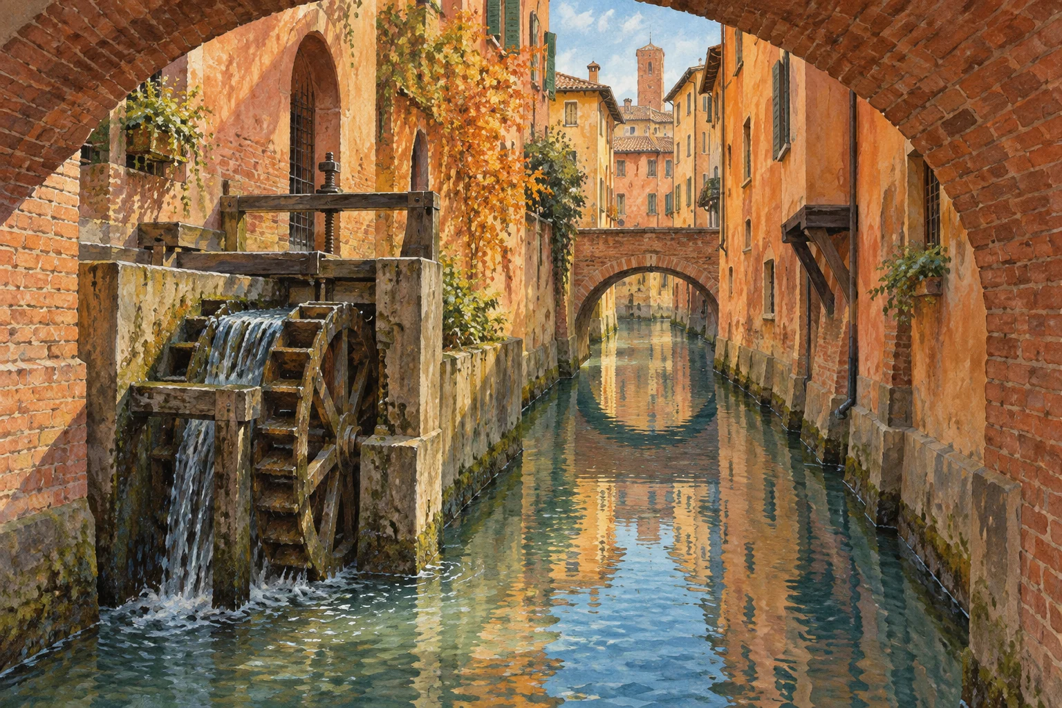 Conceptual illustration of a brick arch, a narrow water channel and a wooden waterwheel among Bologna-inspired ochre buildings.