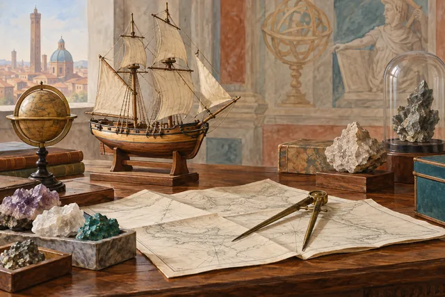 Editorial still life of a wooden teaching ship, an unlettered map, brass dividers and mineral specimens on a walnut desk.