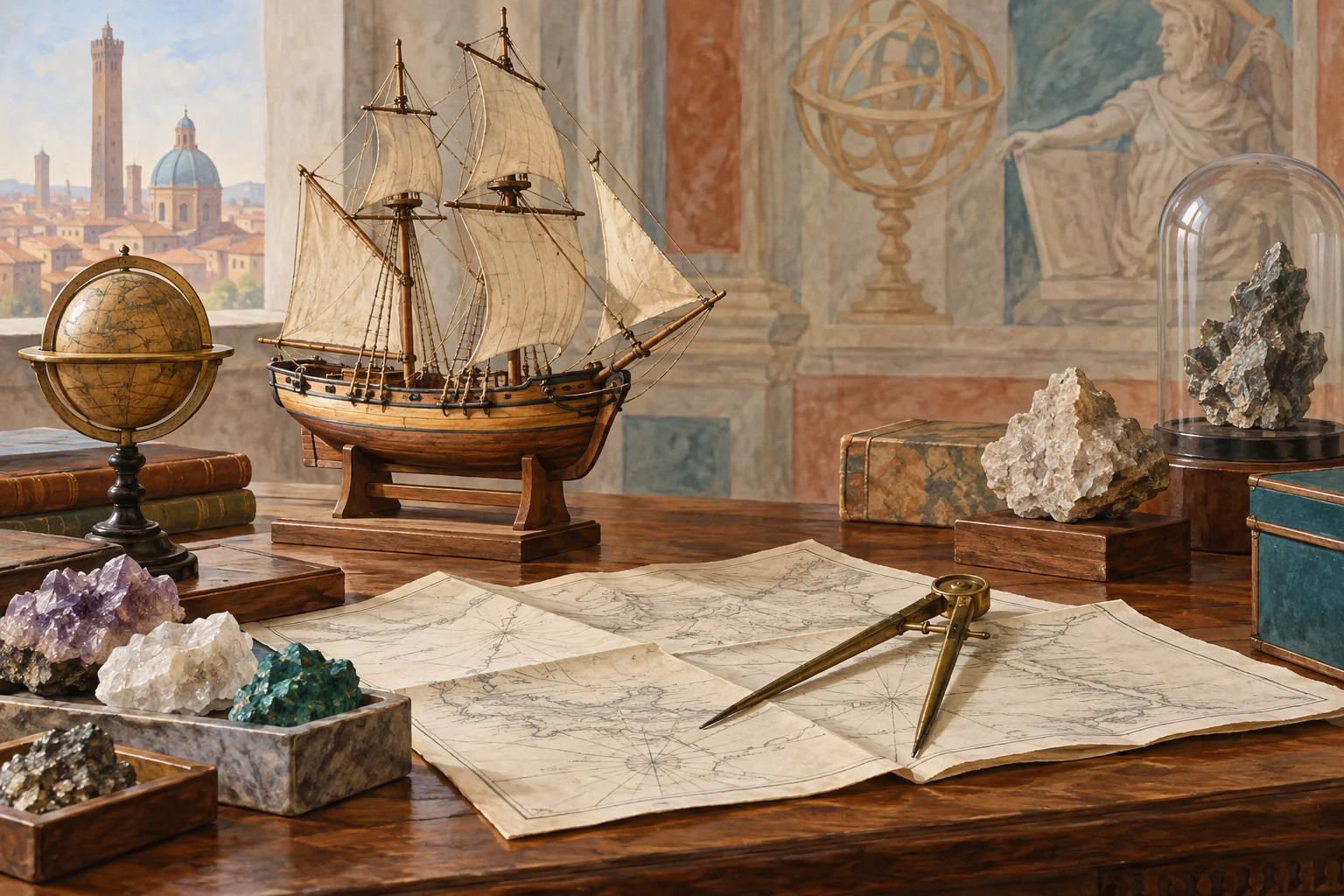 Editorial still life of a wooden teaching ship, an unlettered map, brass dividers and mineral specimens on a walnut desk.