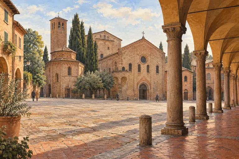 A Bologna-inspired square with brick church façades, warm paving and a portico at one side; editorial illustration.