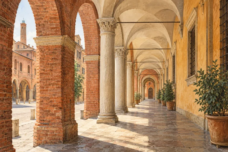 Brick arches and pale stone columns along a sunlit Bologna-inspired covered walkway; editorial illustration.